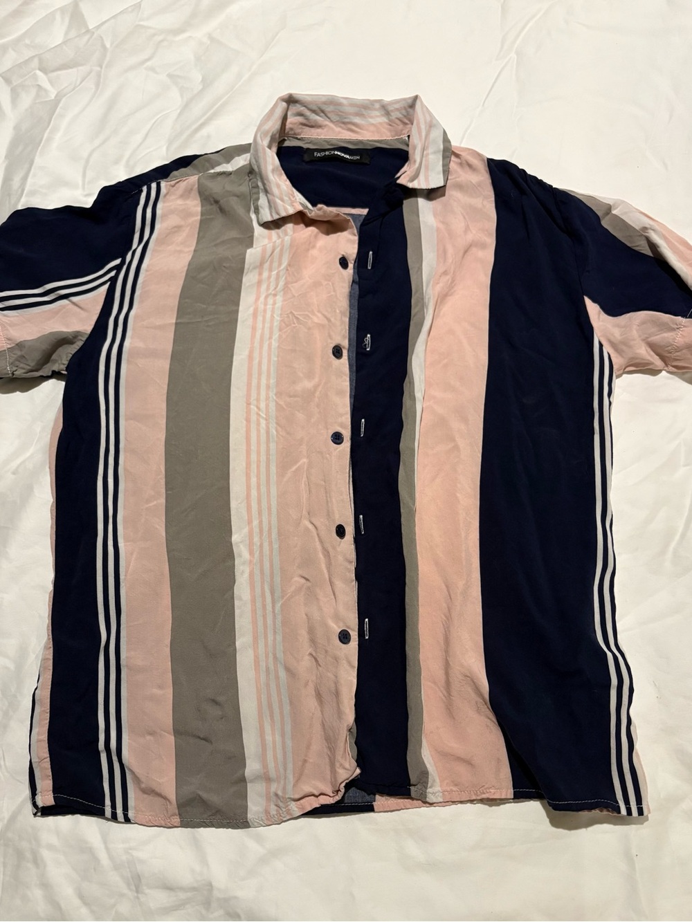 Fashion Nova Men's Short Sleeve Vertical Stripe Shirt - Pink, Navy & Gray